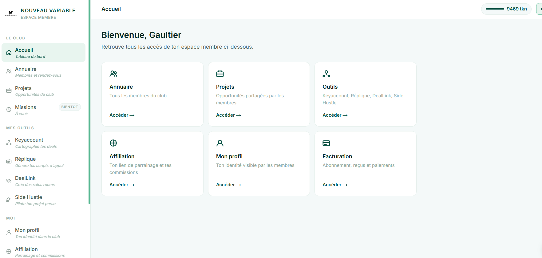 Dashboard Nouveau Variable — outils Réplique, Missions, Annuaire et suivi de revenus